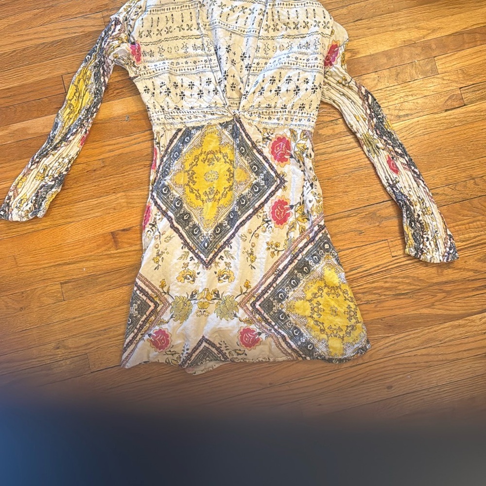 Free People Yellow and Red Casual Sheath Dress with Plunge Neckline - Picture 2 of 4